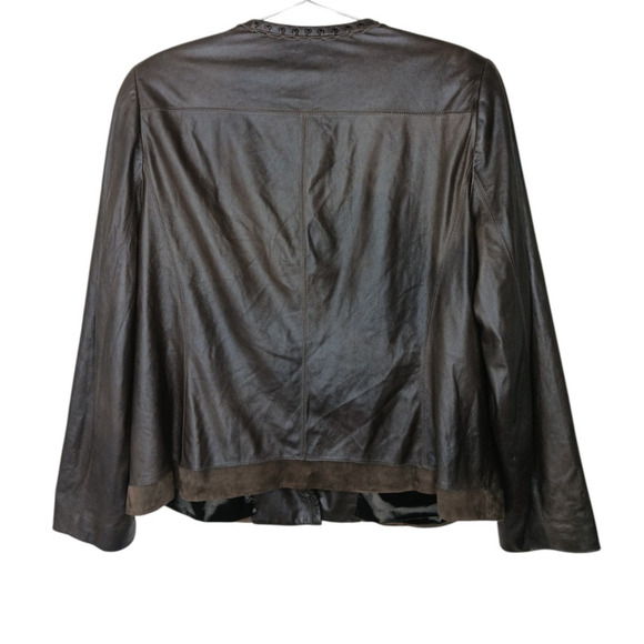 Tahari Woman 100% Leather Jacket Brown Suede Trim Open Front Pockets Boho Chic L - Picture 4 of 16